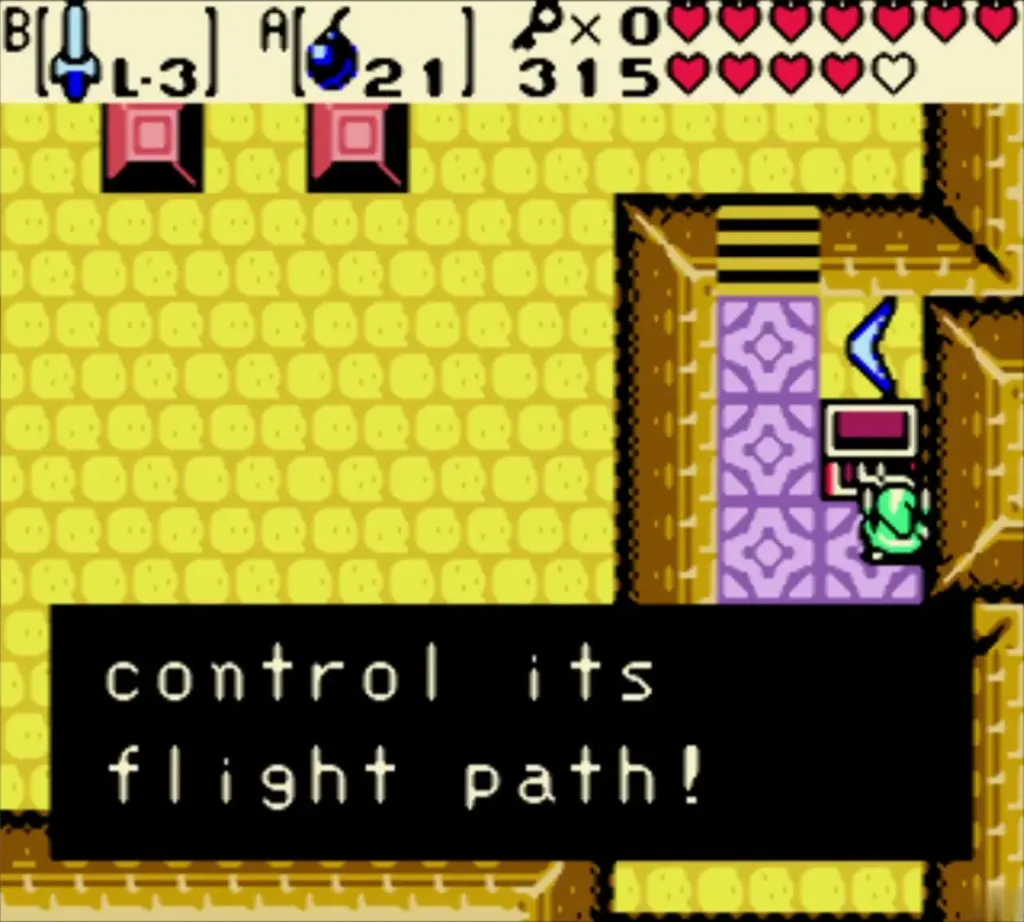 Link beside the Armos room chest with the complete message about the Magical Boomerang Link beside the Armos room chest with the complete message about the Magical Boomerang