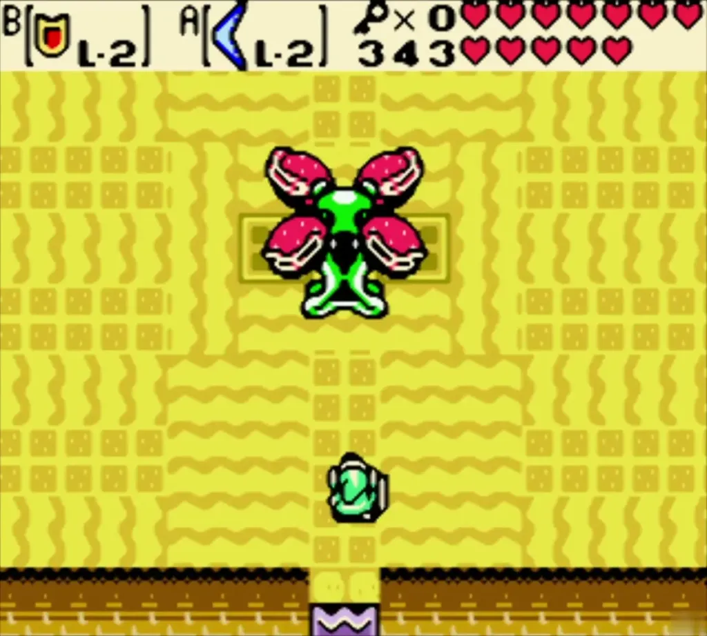 Link at the bottom of the Manhandla boss room with the boss door behind him Link at the bottom of the Manhandla boss room with the boss door behind him