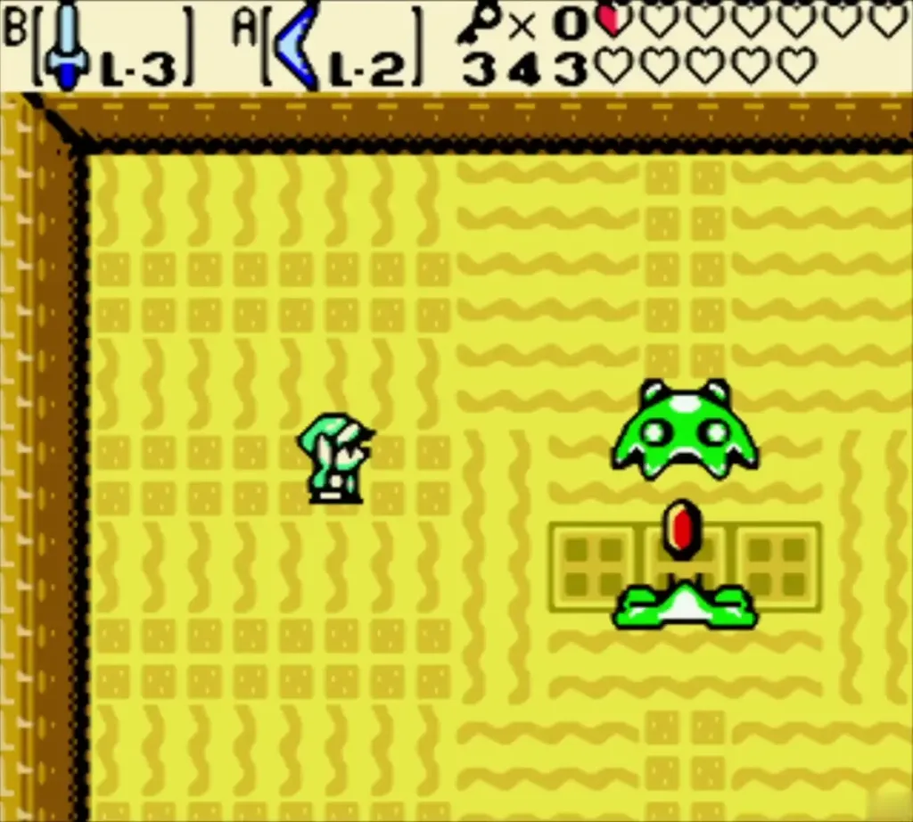 Link approaching the bare green core of Manhandla in the boss room Link approaching the bare green core of Manhandla in the boss room