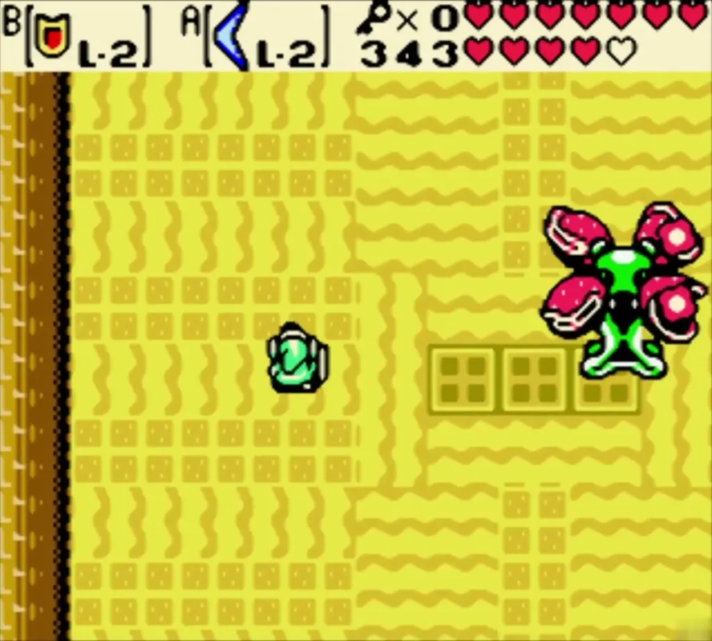 Manhandla's red mouths open on the right side of the room as Link stands below Manhandla's red mouths open on the right side of the room as Link stands below