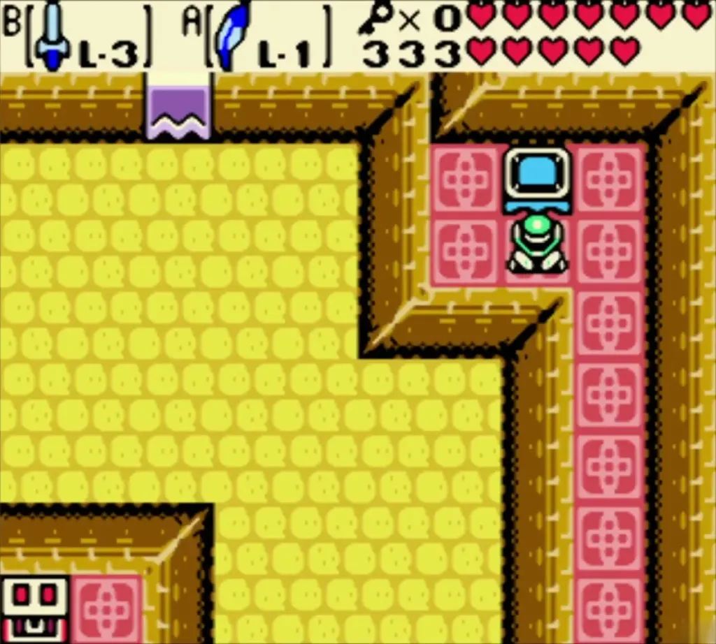 Link in the pink corridor of the Ancient Ruins beside the chest that holds the last Small Key Link in the pink corridor of the Ancient Ruins beside the chest that holds the last Small Key