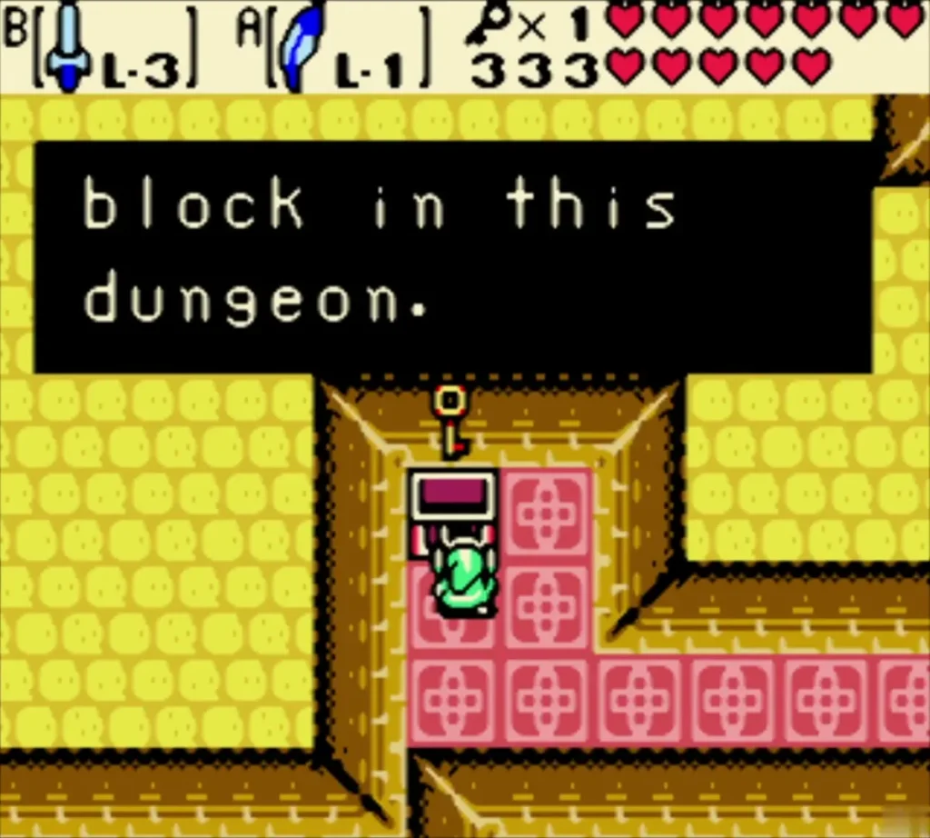 Small Key message box completed over Link in the pink room, with the locked-block line typed out Small Key message box completed over Link in the pink room, with the locked-block line typed out