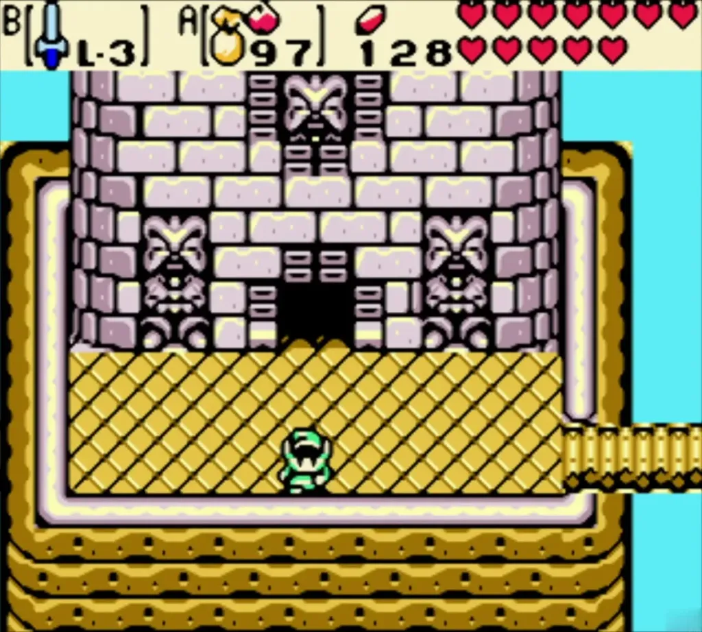 Link standing at the stone temple entrance to the Ancient Ruins on the river bank Link standing at the stone temple entrance to the Ancient Ruins on the river bank