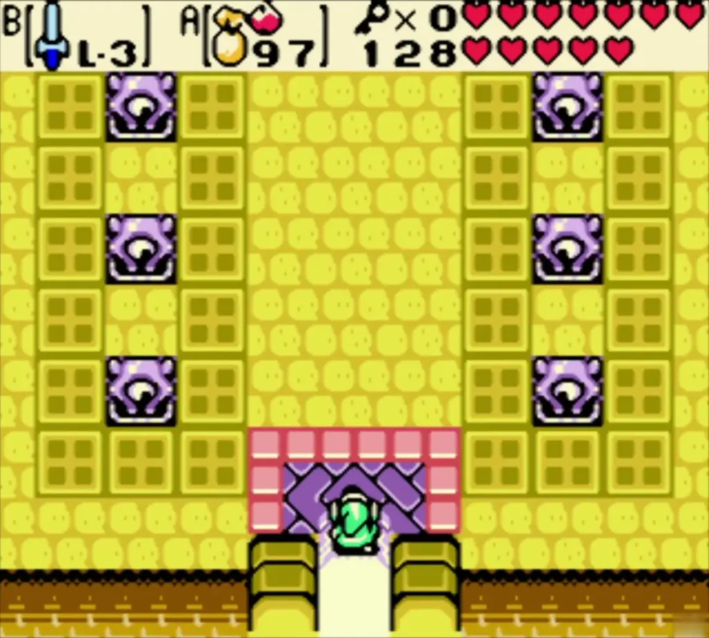 Link walking around the turnstile block in the Ancient Ruins entrance room Link walking around the turnstile block in the Ancient Ruins entrance room