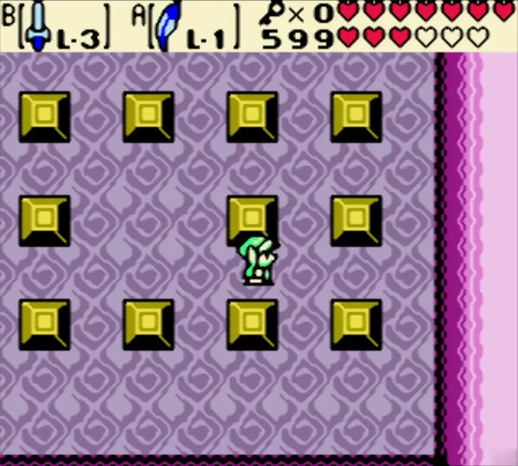 Link walking among chests in a purple crypt room Link walking among chests in a purple crypt room