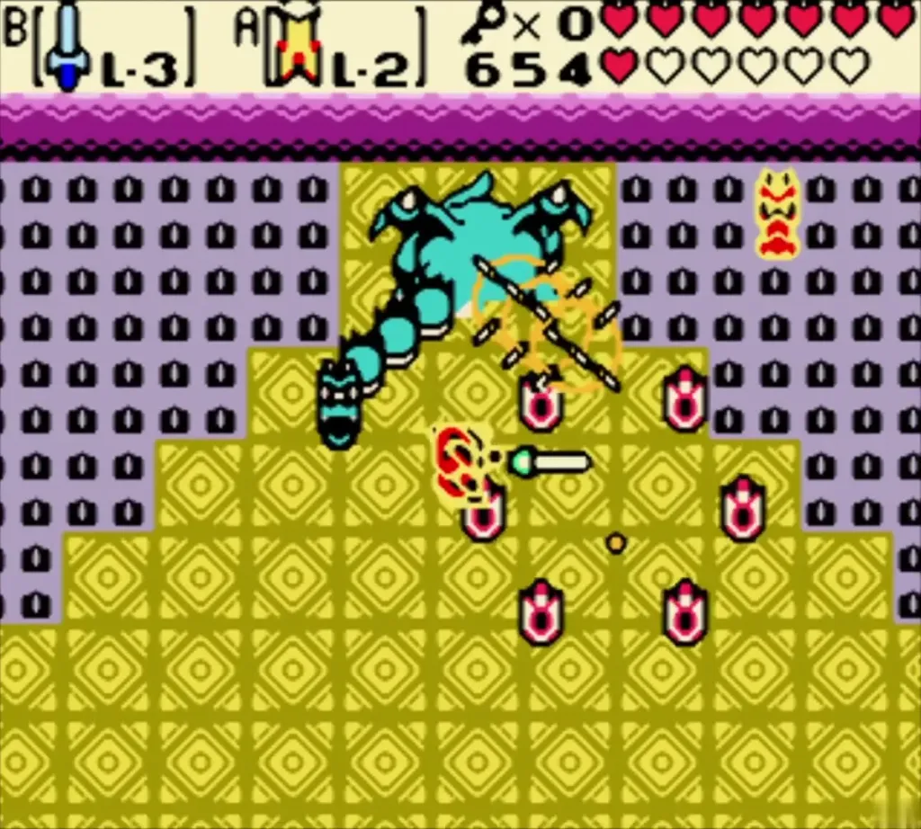 Gleeok's heads firing fireballs around Link in the boss room Gleeok's heads firing fireballs around Link in the boss room