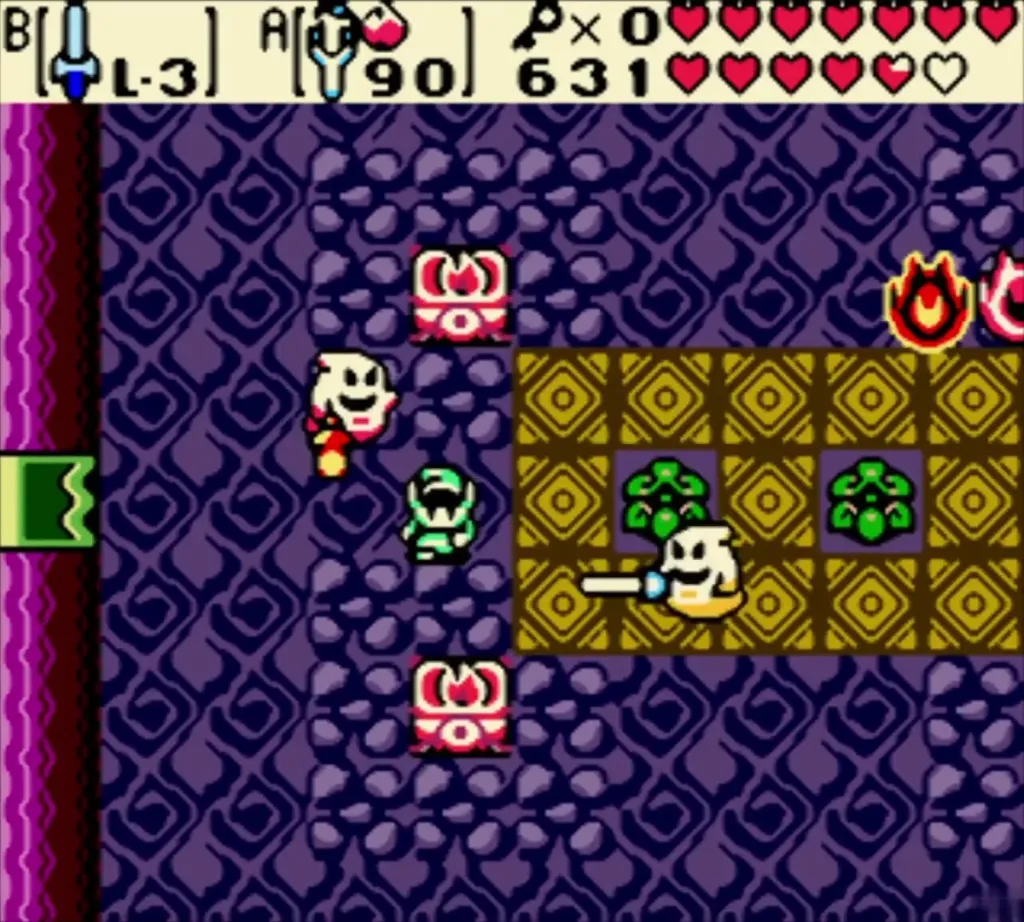 Link striking a Poe Sister in the gold-floor room, a torch lit beside them Link striking a Poe Sister in the gold-floor room, a torch lit beside them