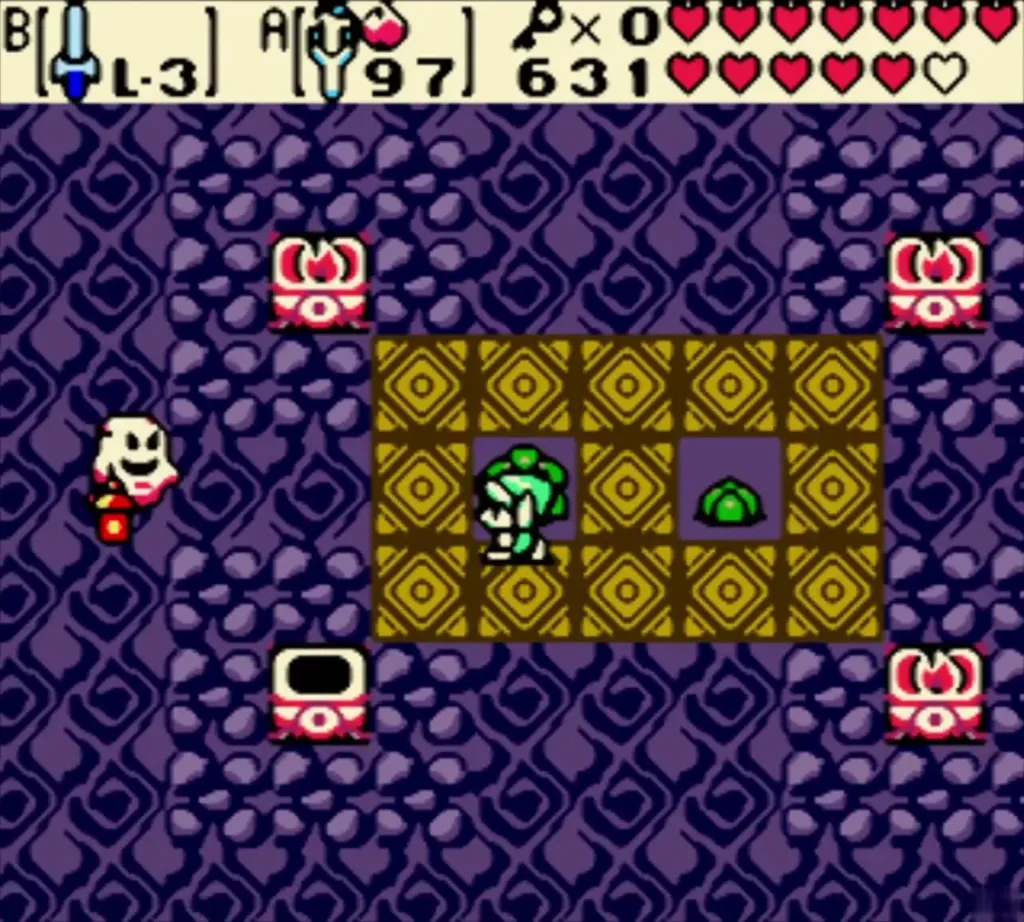 Link and a Poe Sister in the gold-floor room with torches lit Link and a Poe Sister in the gold-floor room with torches lit