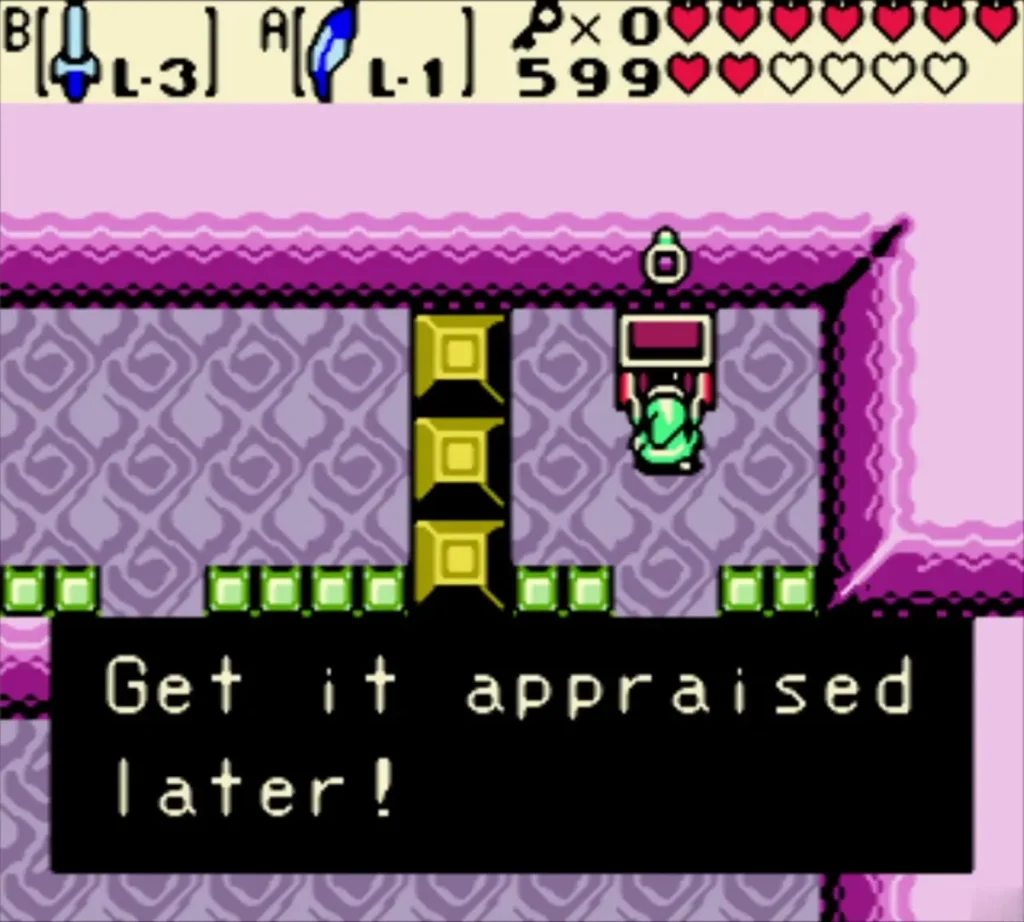 The Get it appraised later message shown over the ledge chest where Link found the ring The Get it appraised later message shown over the ledge chest where Link found the ring