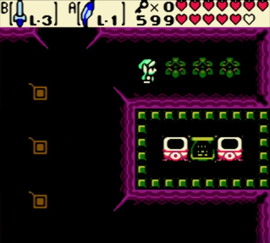 A Stalfos beside a row of Anti-Fairies at the top of a dark crypt room A Stalfos beside a row of Anti-Fairies at the top of a dark crypt room