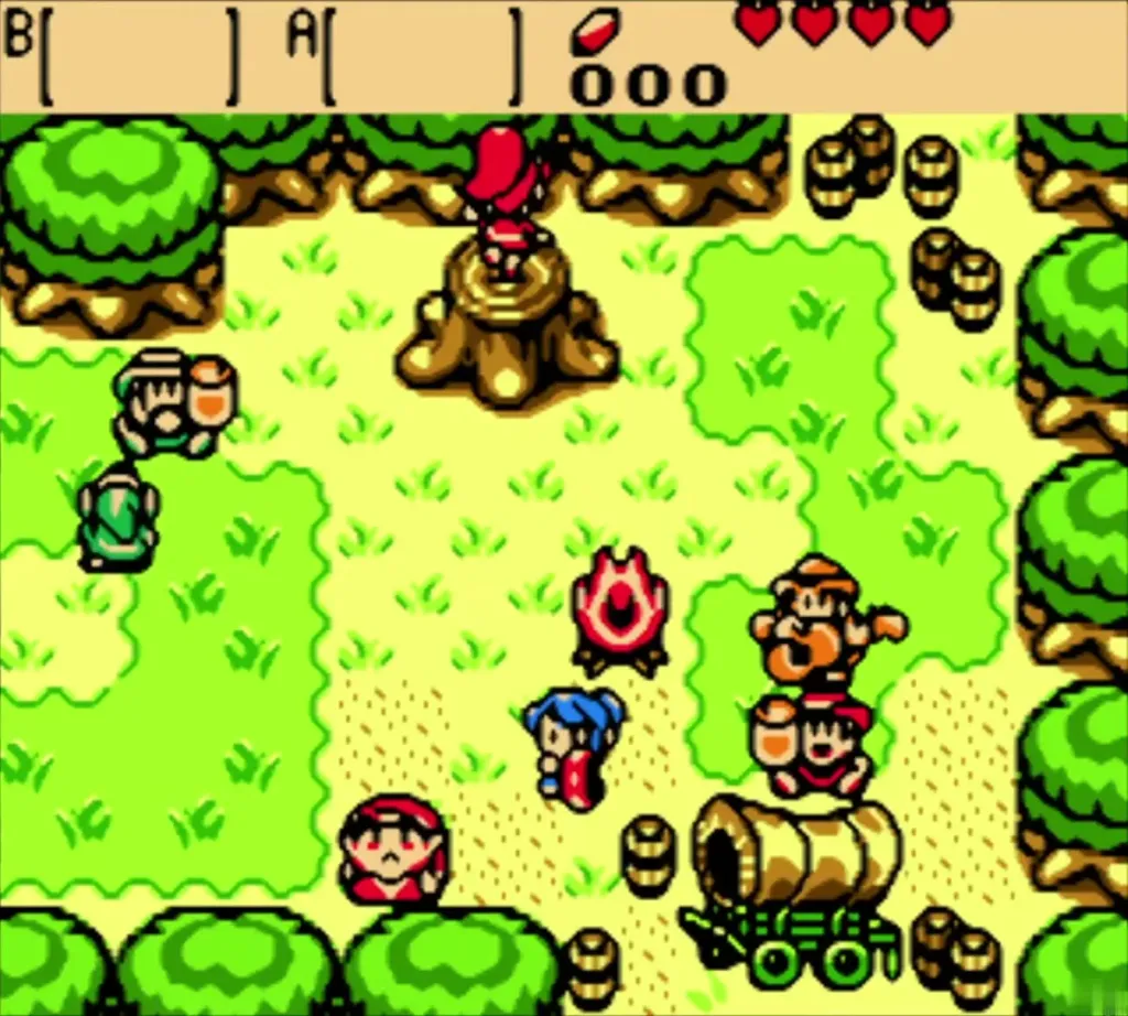 Din dancing on the tree stump while the troupe and Link look on Din dancing on the tree stump while the troupe and Link look on