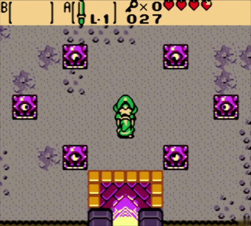 Link in the entrance room of the Hero's Cave ringed by eye tiles Link in the entrance room of the Hero's Cave ringed by eye tiles