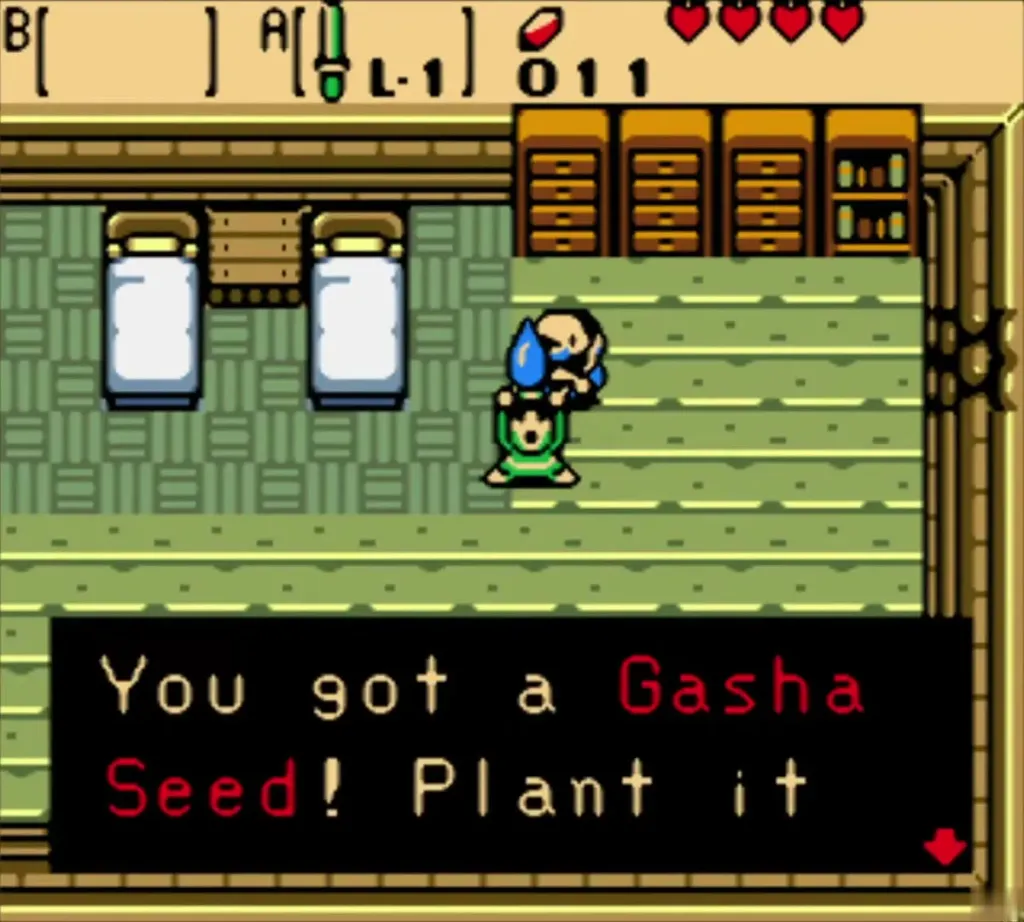 Link holding up a Gasha Seed in the mayor house, the item message fully shown Link holding up a Gasha Seed in the mayor house, the item message fully shown