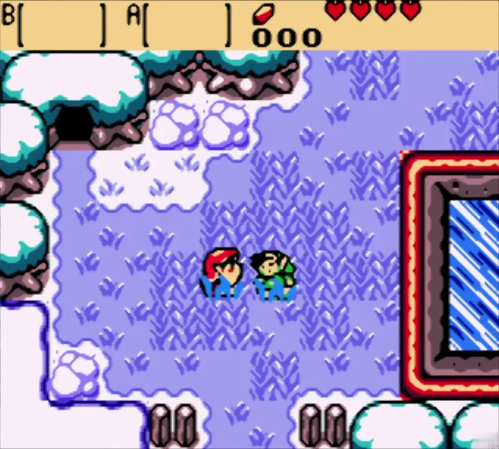 Impa standing beside Link in a snow-covered field Impa standing beside Link in a snow-covered field