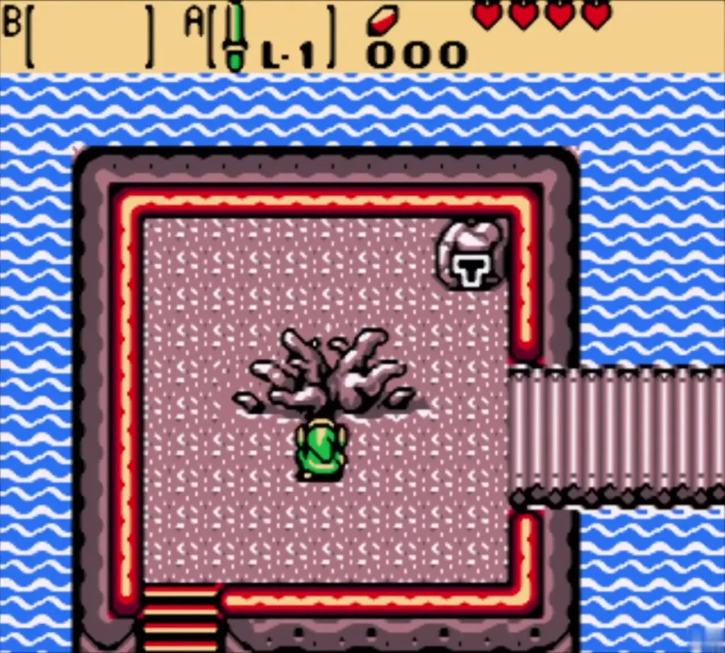 Link on the small island with a bare stump and a keystone in the corner Link on the small island with a bare stump and a keystone in the corner