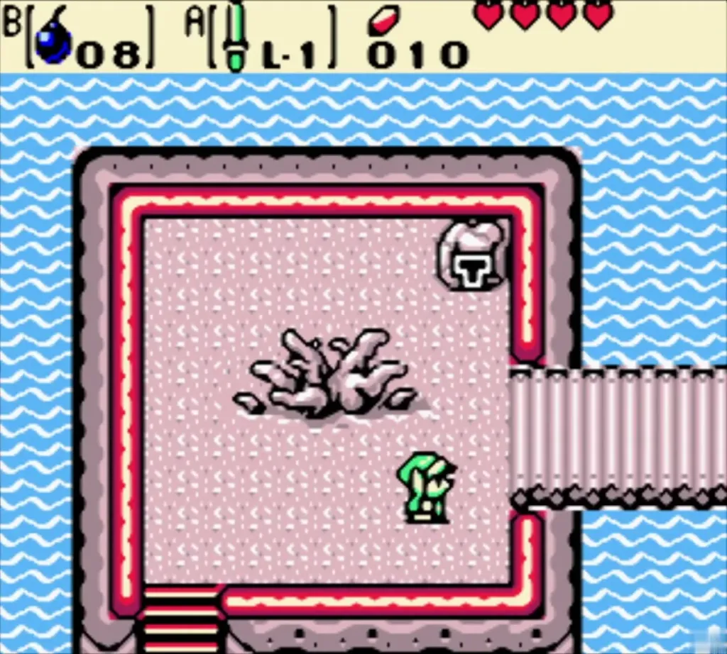 Link on the island with the bare stump and the keystone in the corner Link on the island with the bare stump and the keystone in the corner