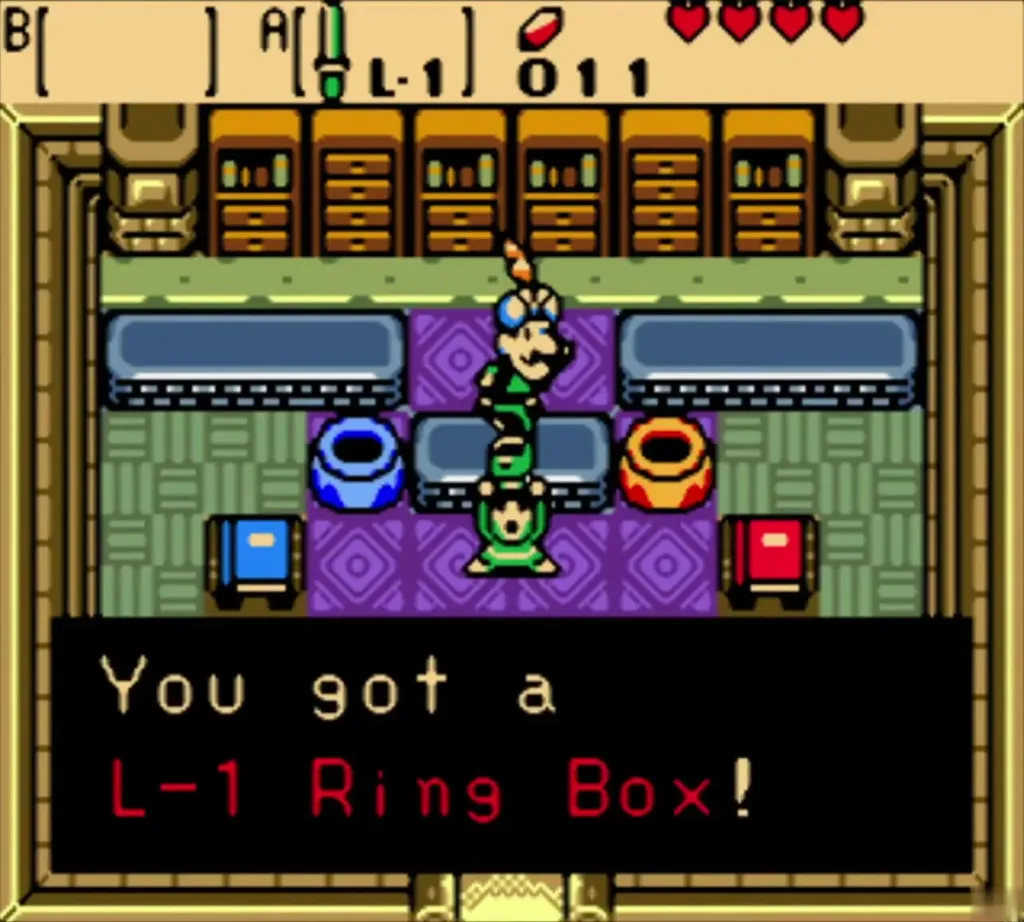 Link holding up the L-1 Ring Box with the item message fully shown Link holding up the L-1 Ring Box with the item message fully shown