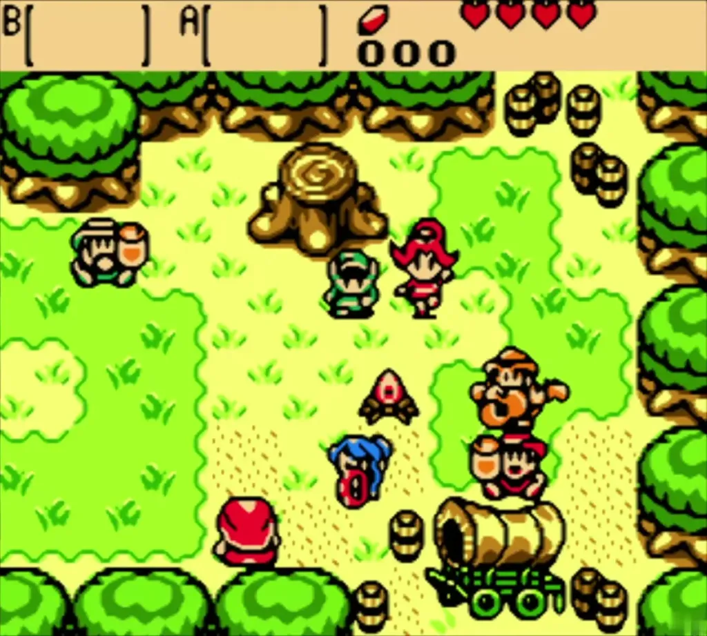 Link standing beside Din next to the tree stump as the troupe watches Link standing beside Din next to the tree stump as the troupe watches