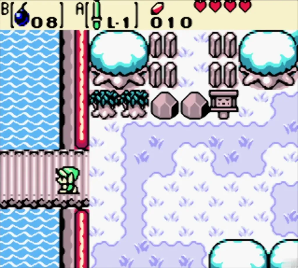 Link stepping onto the wooden bridge that leads east over the water Link stepping onto the wooden bridge that leads east over the water