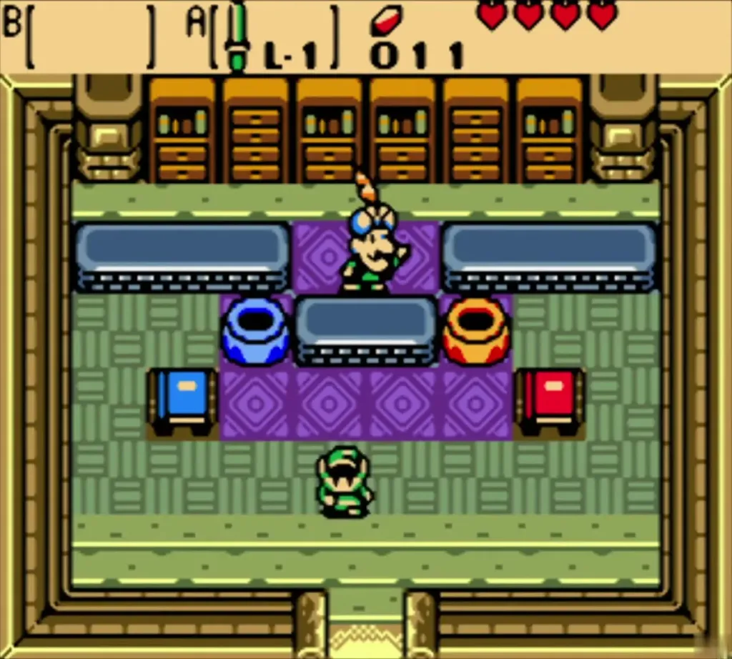 Link standing in front of Vasu's counter, ready to leave Link standing in front of Vasu's counter, ready to leave