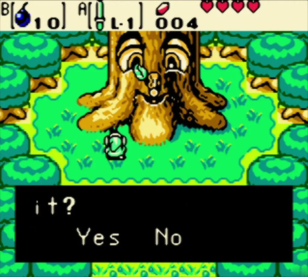 The Maku Tree asking if Link will help, with Yes and No choices The Maku Tree asking if Link will help, with Yes and No choices