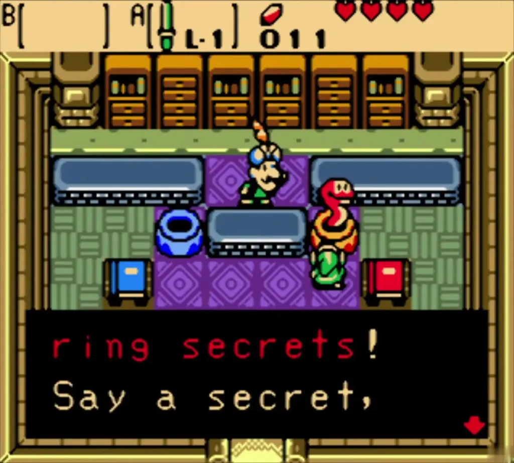 The red snake beside Link in Vasu's shop, offering to hear a ring secret The red snake beside Link in Vasu's shop, offering to hear a ring secret