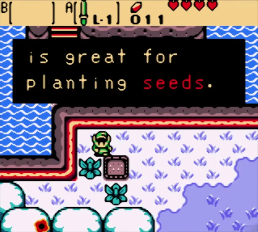 Link on the lake bank beside the soft soil, reading that it is great for planting seeds Link on the lake bank beside the soft soil, reading that it is great for planting seeds