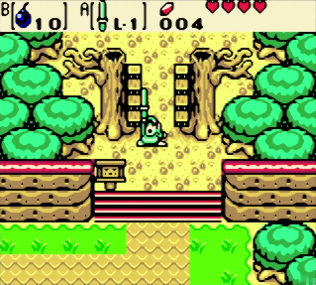 Link swinging his sword in front of the Maku Tree gate lattice as it opens Link swinging his sword in front of the Maku Tree gate lattice as it opens