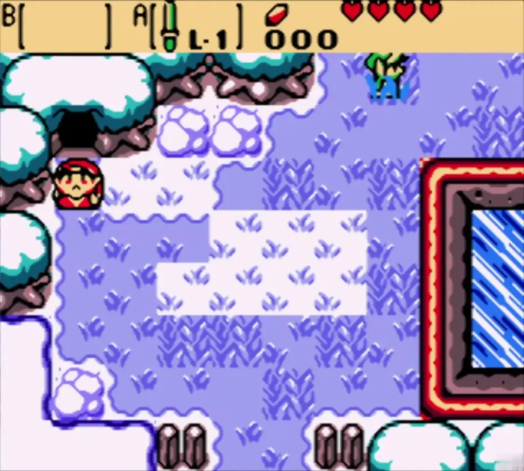 Link in the snowy field with the Wooden Sword on the A button Link in the snowy field with the Wooden Sword on the A button
