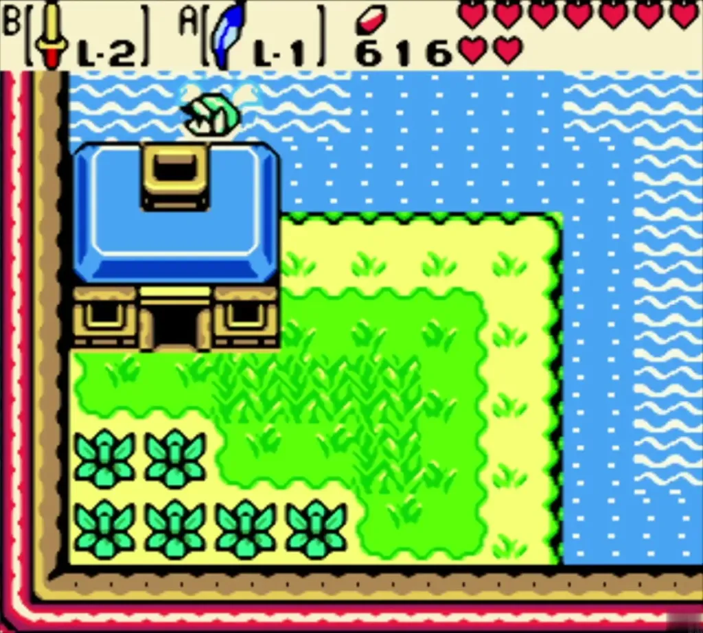 Link swimming beside the Moblins' blue house on the lake shore Link swimming beside the Moblins' blue house on the lake shore