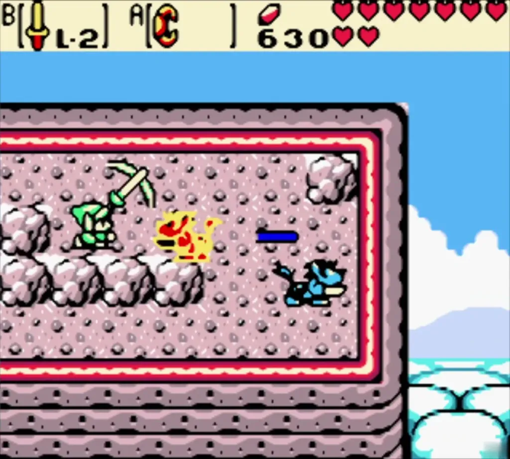 Link facing a Blue Lynel that fires a sword beam on a narrow ledge Link facing a Blue Lynel that fires a sword beam on a narrow ledge