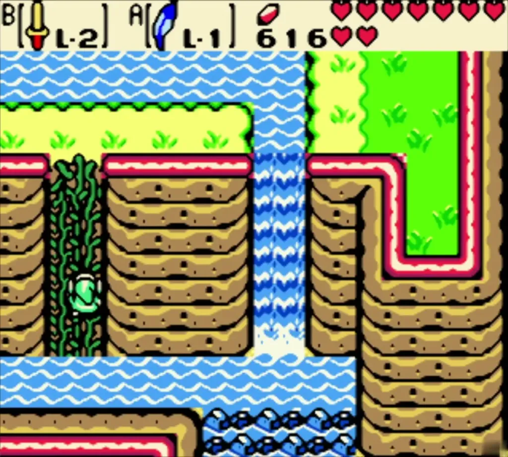 Link climbing the vines on the cliff beside the waterfall Link climbing the vines on the cliff beside the waterfall