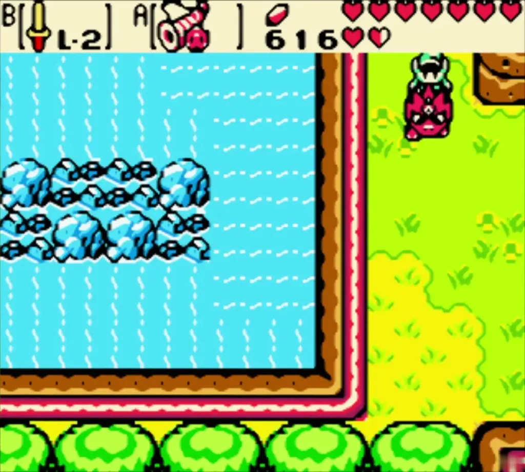 Link riding Dimitri across the lake toward the Great Moblin's ruined keep Link riding Dimitri across the lake toward the Great Moblin's ruined keep