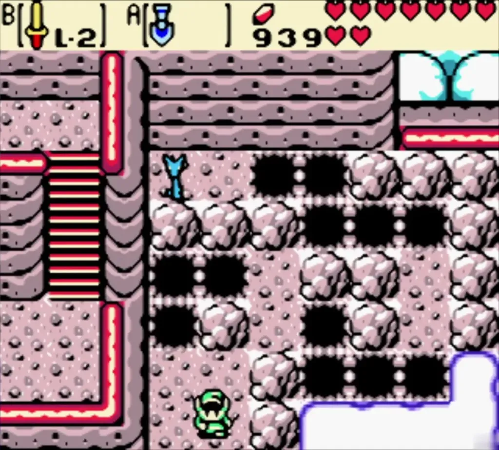 Link passing the Dragon Key behind the rock-and-pit field again Link passing the Dragon Key behind the rock-and-pit field again