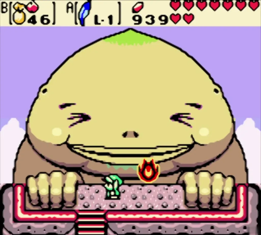 Link throws an Ember Seed at Biggoron's face and his eyes squint Link throws an Ember Seed at Biggoron's face and his eyes squint