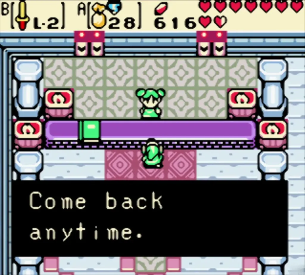 Link at Farore's counter in the Hall of Secrets as she says to come back anytime Link at Farore's counter in the Hall of Secrets as she says to come back anytime