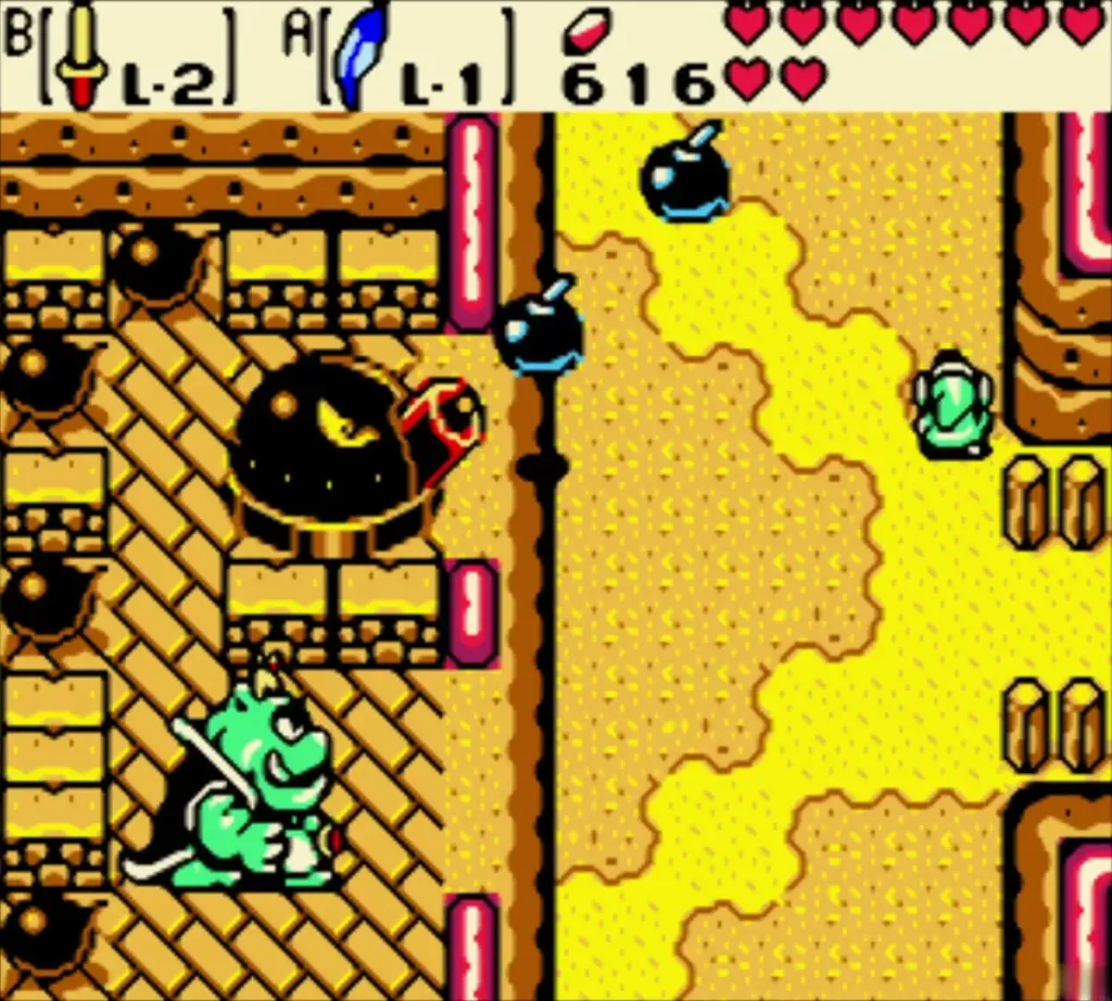 Bombs fall near the shore beside the Great Moblin's fort while Link stands on the sand Bombs fall near the shore beside the Great Moblin's fort while Link stands on the sand