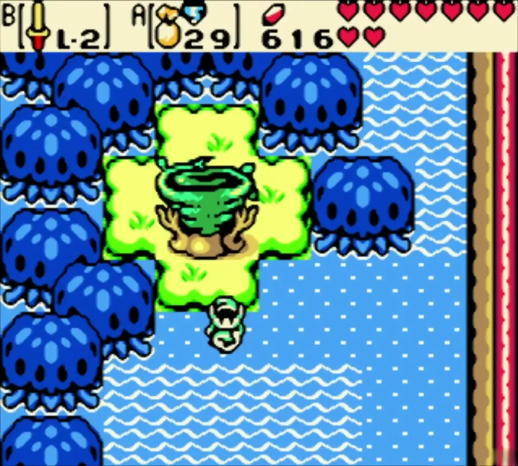 Link standing in the water below the tree-stump islet beside the lake Link standing in the water below the tree-stump islet beside the lake