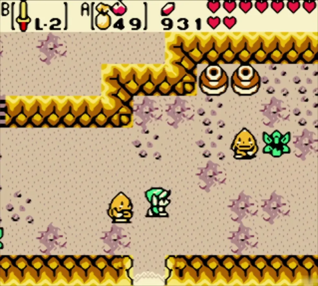 Link walking through a Goron cave full of Gorons Link walking through a Goron cave full of Gorons