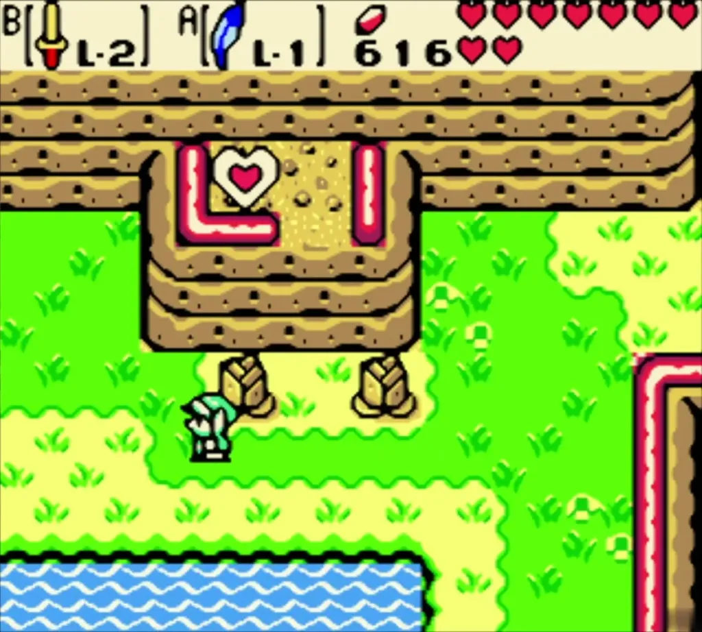 Link below the Piece of Heart ledge on the grass field Link below the Piece of Heart ledge on the grass field