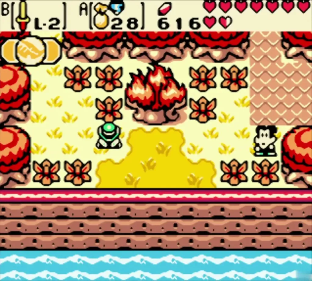 Link arriving among red mushroom trees in Horon Village after the Gale Seed warp Link arriving among red mushroom trees in Horon Village after the Gale Seed warp