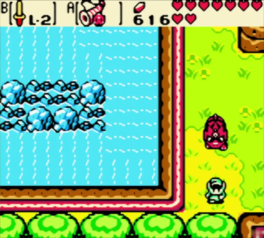 Link on the grass beside Dimitri after crossing the water Link on the grass beside Dimitri after crossing the water