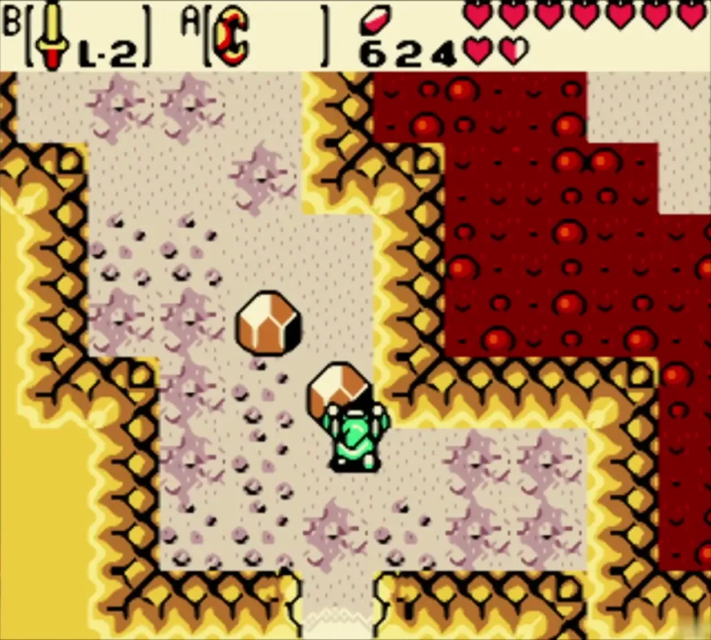 Link walking through the lava cave beside a pool of lava Link walking through the lava cave beside a pool of lava