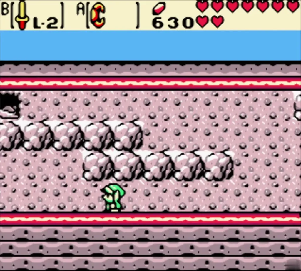 Link walking along a narrow ledge above the clouds Link walking along a narrow ledge above the clouds