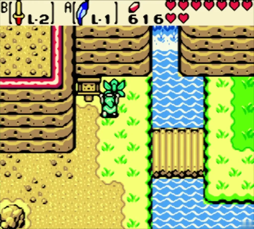 Link beside the log bridge and cliff to the right of the grass field Link beside the log bridge and cliff to the right of the grass field