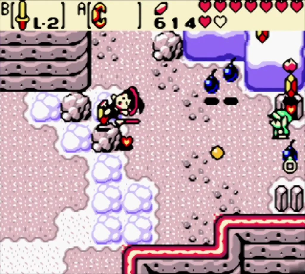 Maple crashes from her broom and scatters Rupees, hearts and bombs on the snow Maple crashes from her broom and scatters Rupees, hearts and bombs on the snow