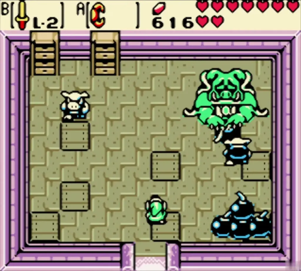 Inside the blue house, Link with the Great Moblin and small Moblins by their heap of bombs Inside the blue house, Link with the Great Moblin and small Moblins by their heap of bombs
