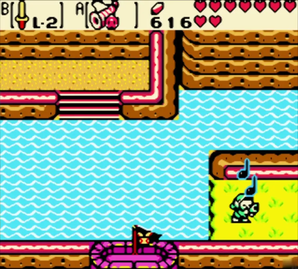Link playing Dimitri's Flute on a grassy ledge beside the lake Link playing Dimitri's Flute on a grassy ledge beside the lake