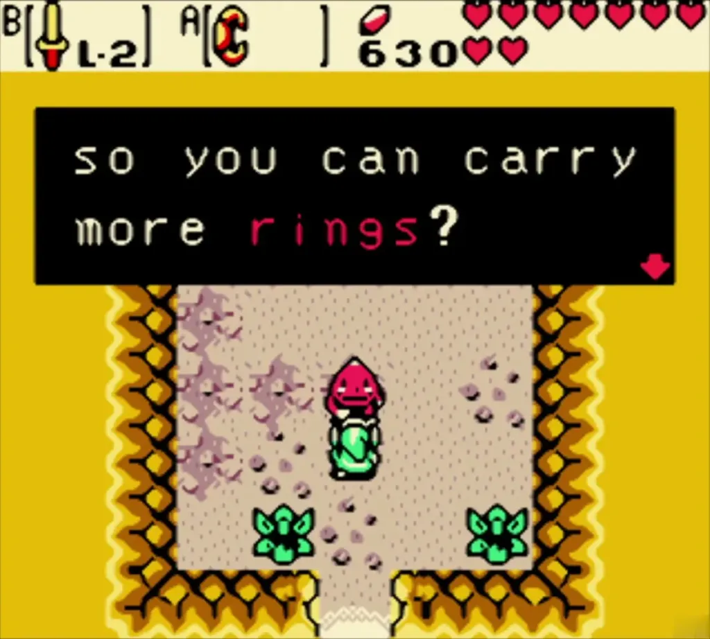 The red Goron asks Link if he wants to carry more rings The red Goron asks Link if he wants to carry more rings