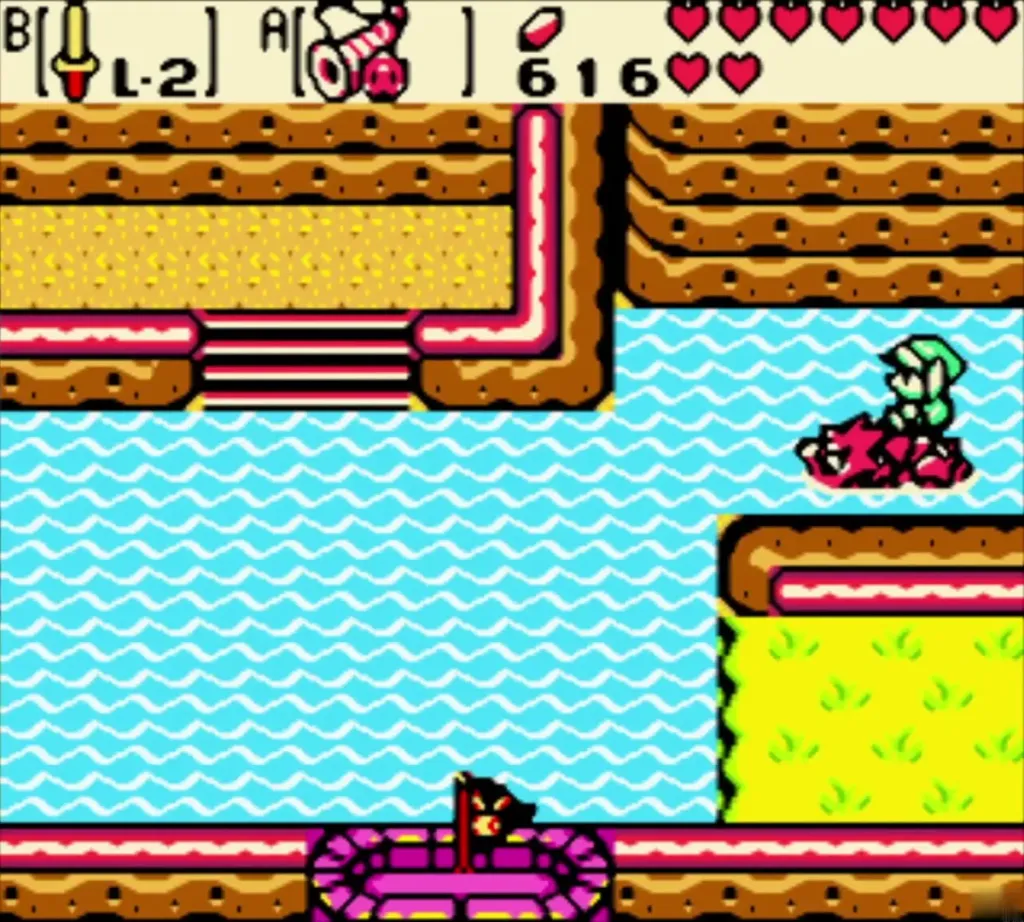 Link riding Dimitri across the water toward a sandy shore Link riding Dimitri across the water toward a sandy shore